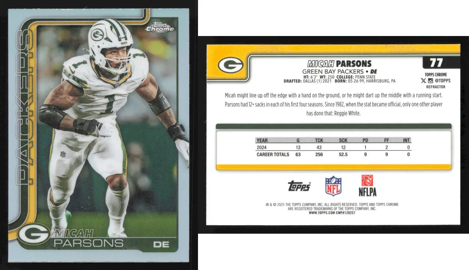 2025 Topps Chrome MICAH PARSONS #77 Refractor Green Bay Packers - Football Card Single