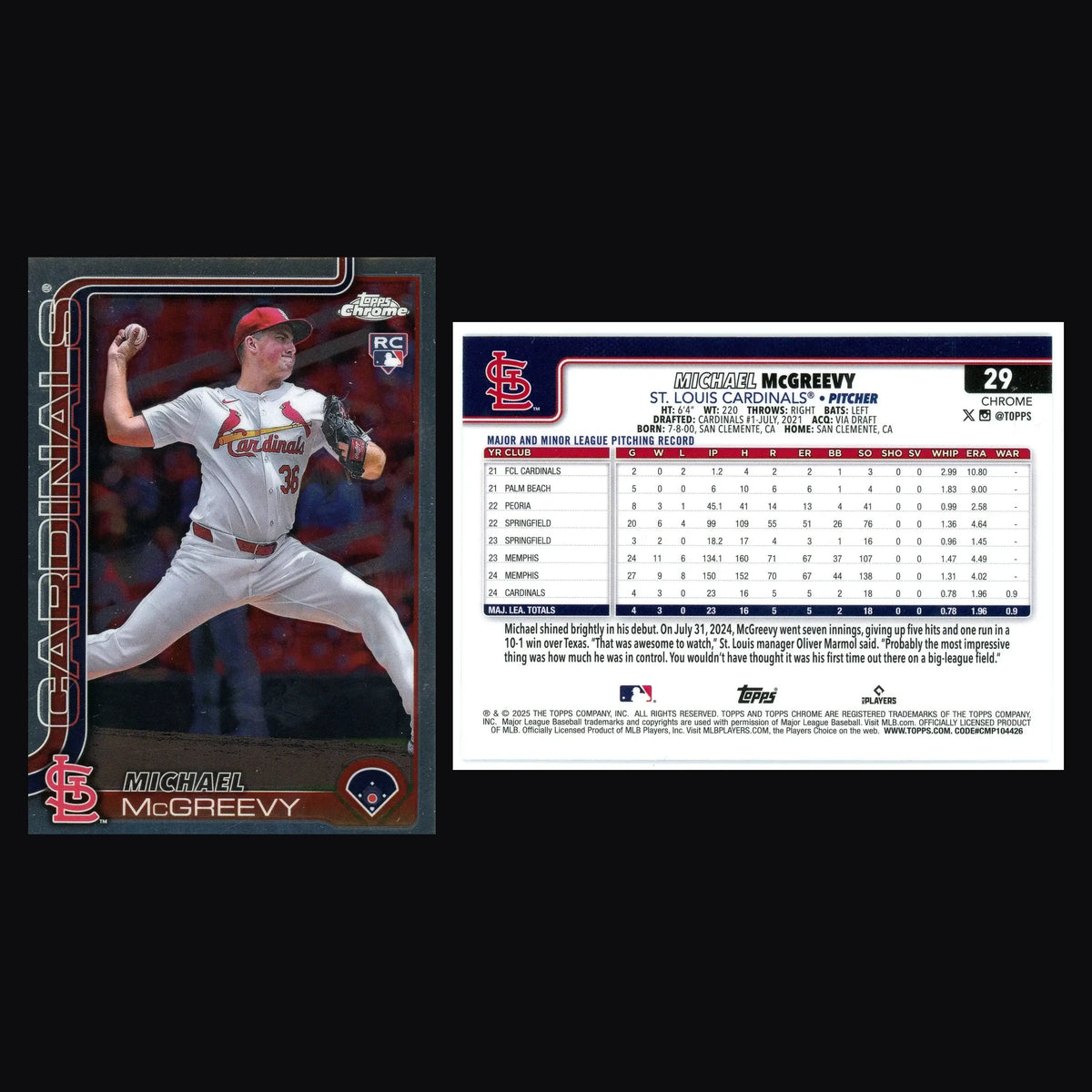 2025 Topps Chrome Michael McGreevy #29 RC St. Louis Cardinals - Baseball Card Single
