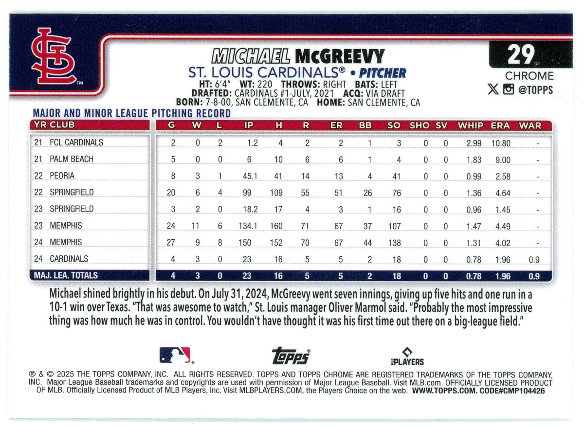 2025 Topps Chrome Michael McGreevy #29 RC St. Louis Cardinals - Baseball Card Single