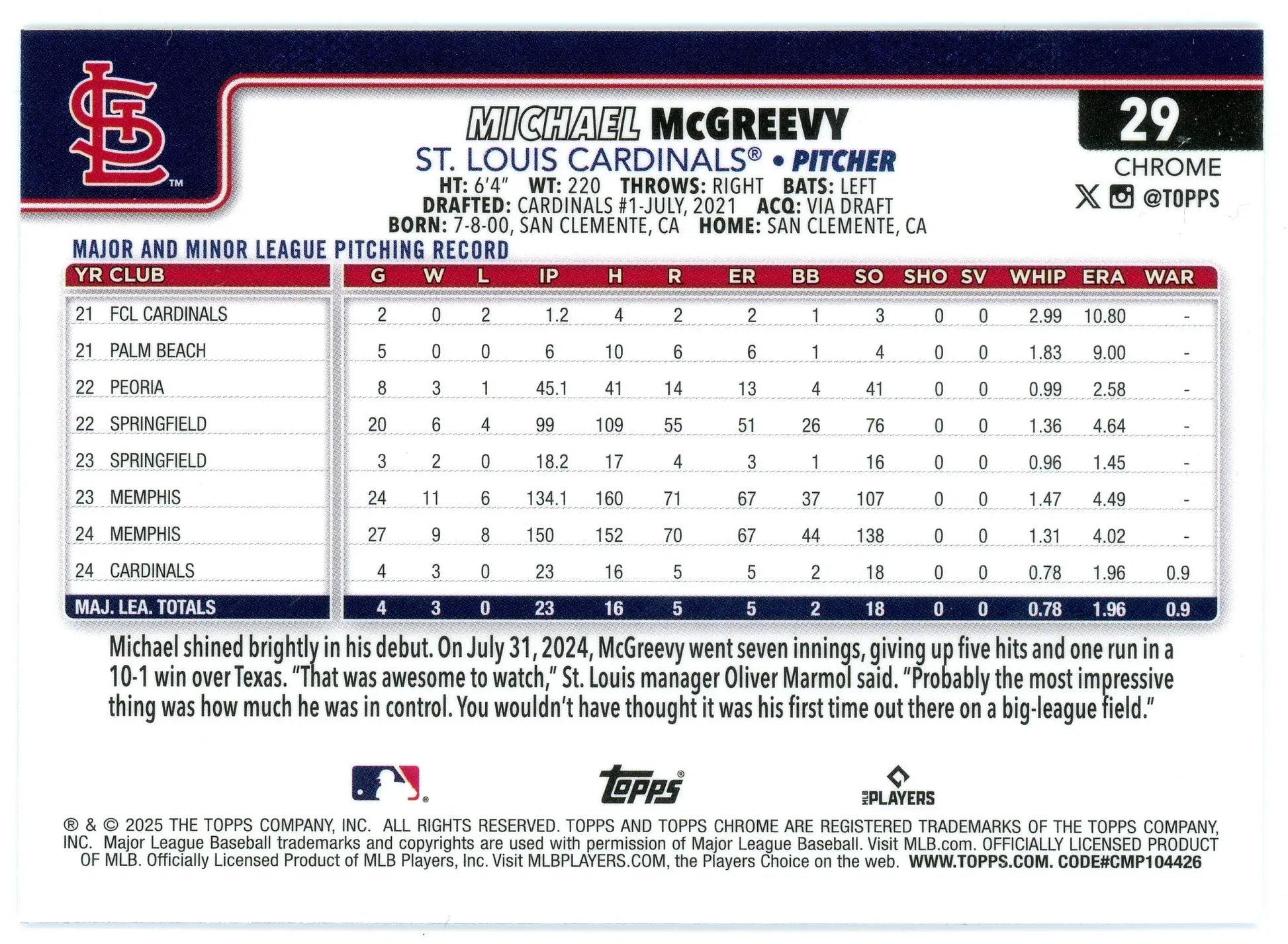 2025 Topps Chrome Michael McGreevy #29 RC St. Louis Cardinals - Baseball Card Single