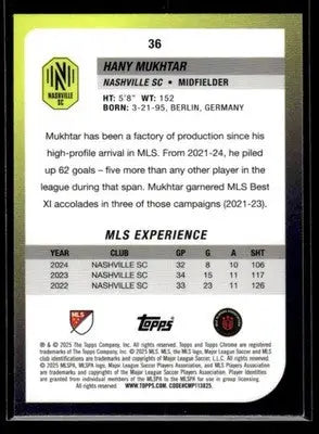 2025 Topps Chrome MLS Hany Mukhtar #36 Nashville SC - Soccer Card Single