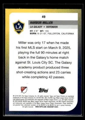 2025 Topps Chrome MLS Harbor Miller #49 Blue Refractor #/150 Los Angeles Galaxy - Soccer Card Single