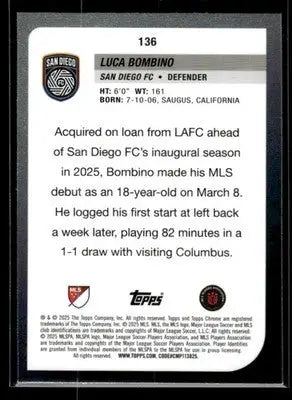 2025 Topps Chrome MLS Luca Bombino #136 San Diego FC - Soccer Card Single
