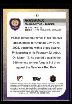 2025 Topps Chrome MLS Marco Pašalić #113 Orlando City SC - Soccer Card Single