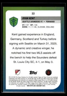 2025 Topps Chrome MLS Ryan Kent #22 Prism Refractor Seattle Sounders FC - Soccer Card Single