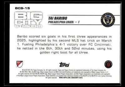 2025 Topps Chrome MLS Tai Baribo #BCS-15 Big City Strikers Philadelphia Union - Soccer Card Single