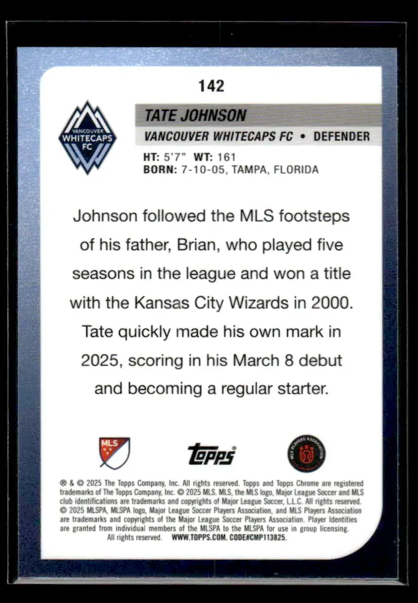 2025 Topps Chrome MLS Tate Johnson #142 Vancouver Whitecaps FC - Soccer Card Single