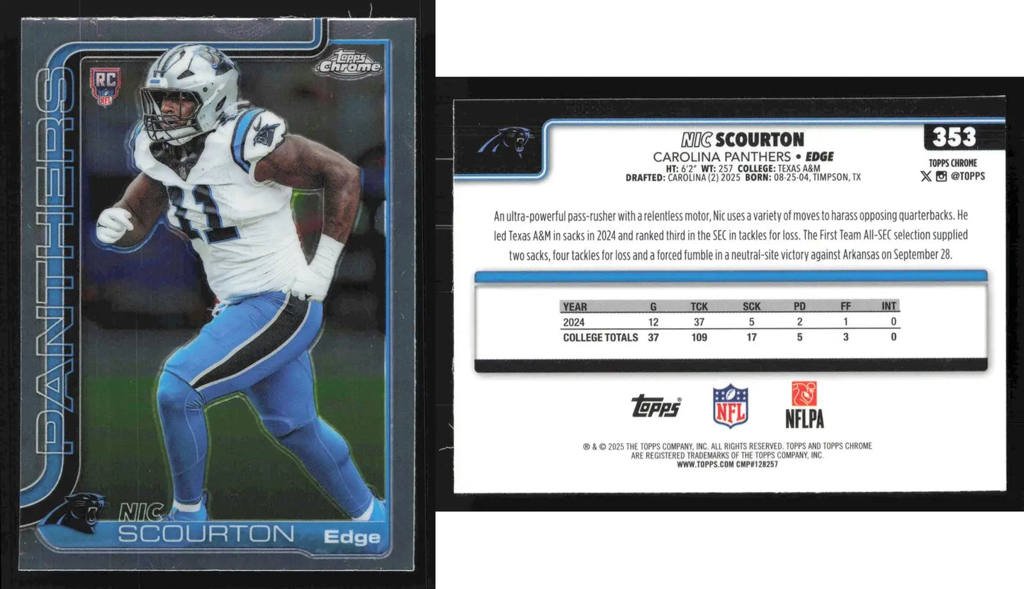 2025 Topps Chrome NIC SCOURTON #353 Chrome Carolina Panthers RC - Football Card Single