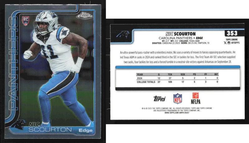 2025 Topps Chrome NIC SCOURTON #353 Chrome Carolina Panthers RC - Football Card Single