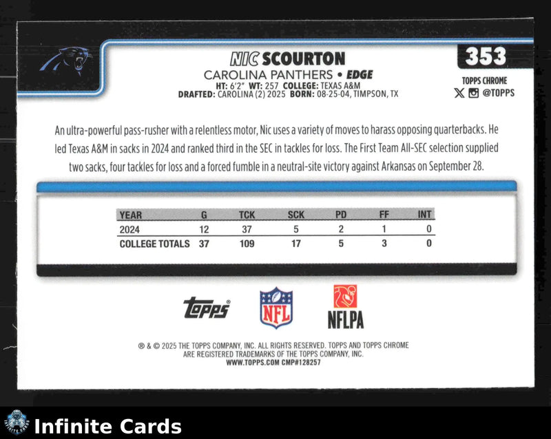 2025 Topps Chrome NIC SCOURTON #353 Chrome Carolina Panthers RC - Football Card Single