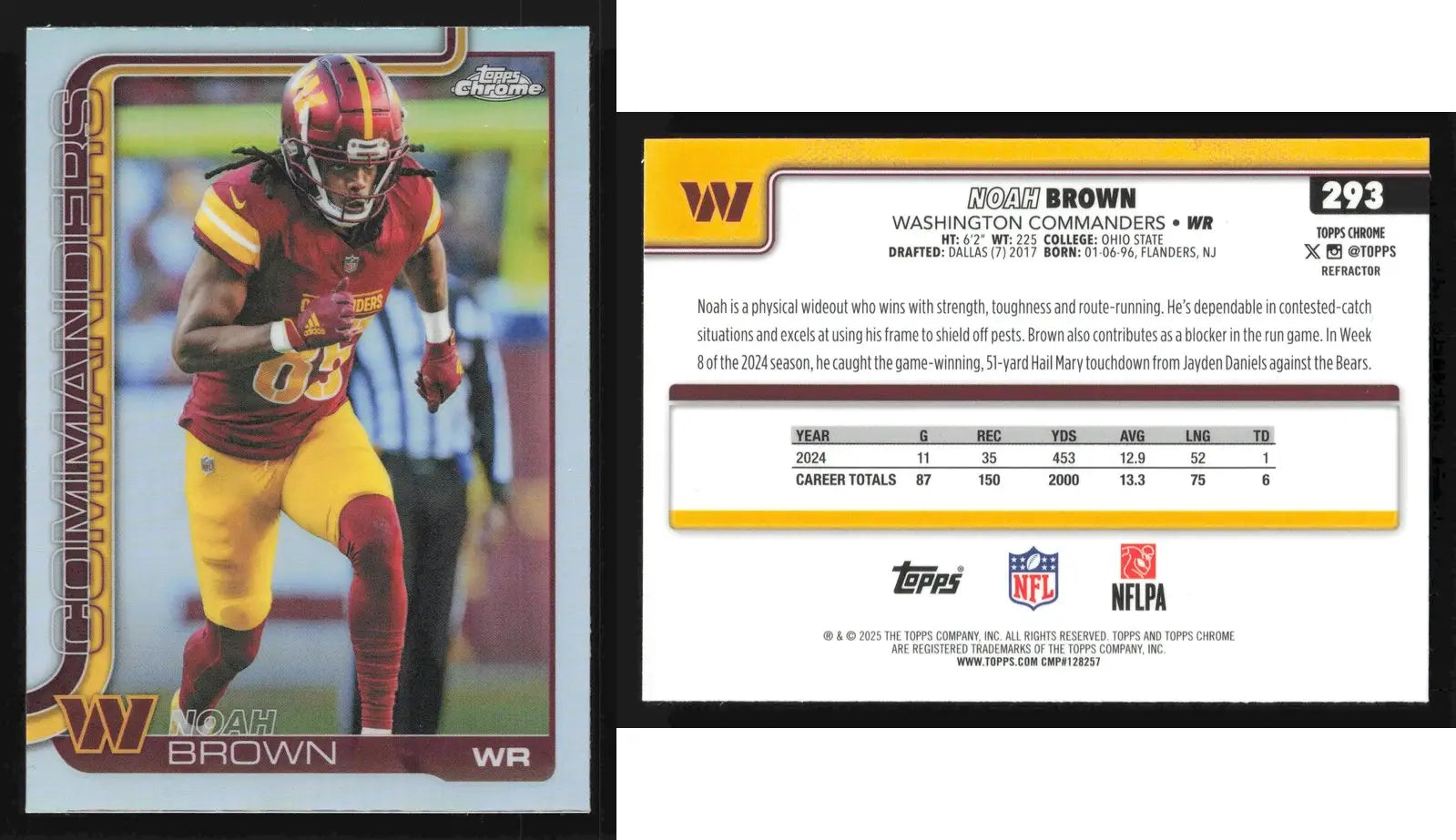2025 Topps Chrome NOAH BROWN #293 Refractor Washington Commanders - Football Card Single