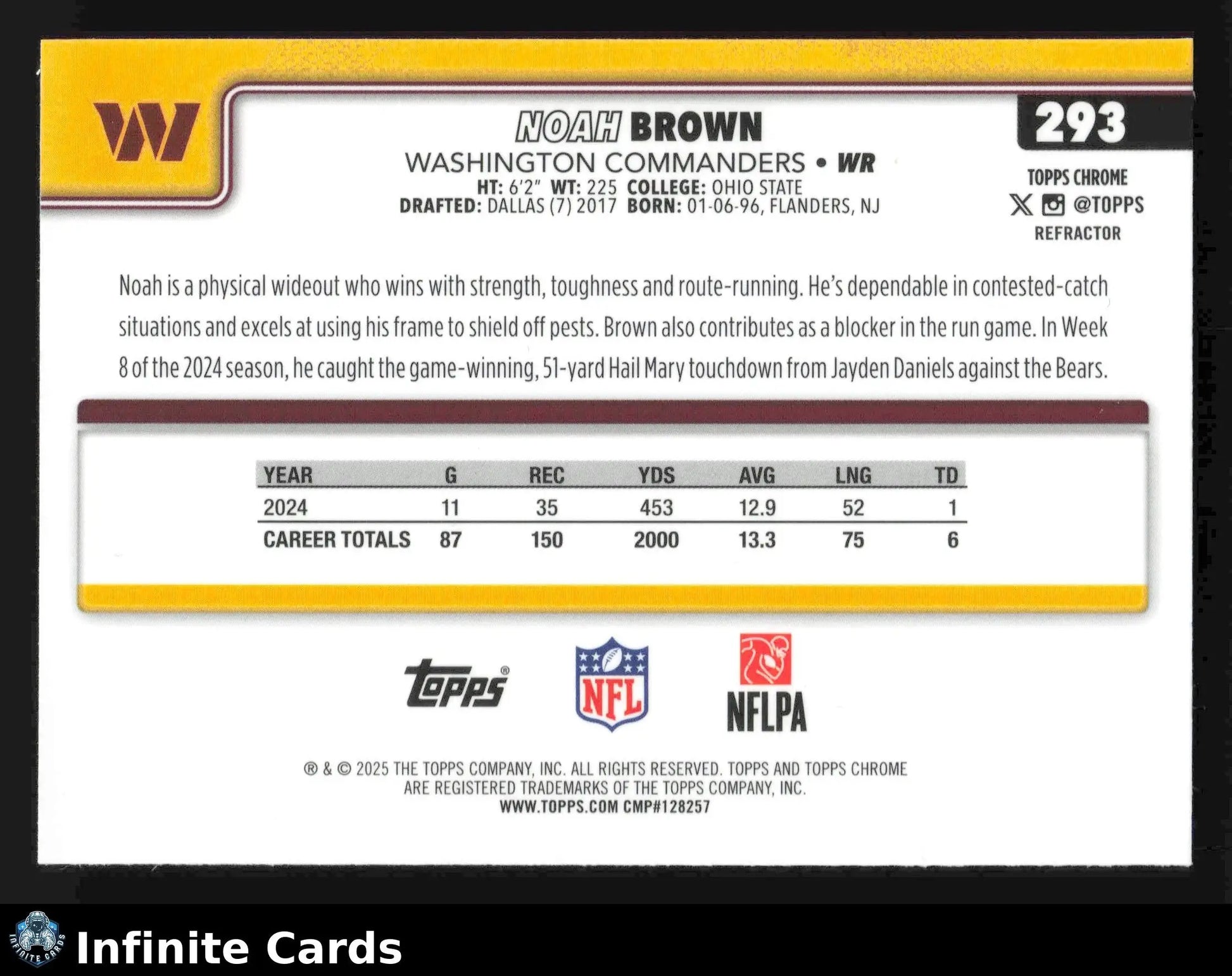 2025 Topps Chrome NOAH BROWN #293 Refractor Washington Commanders - Football Card Single