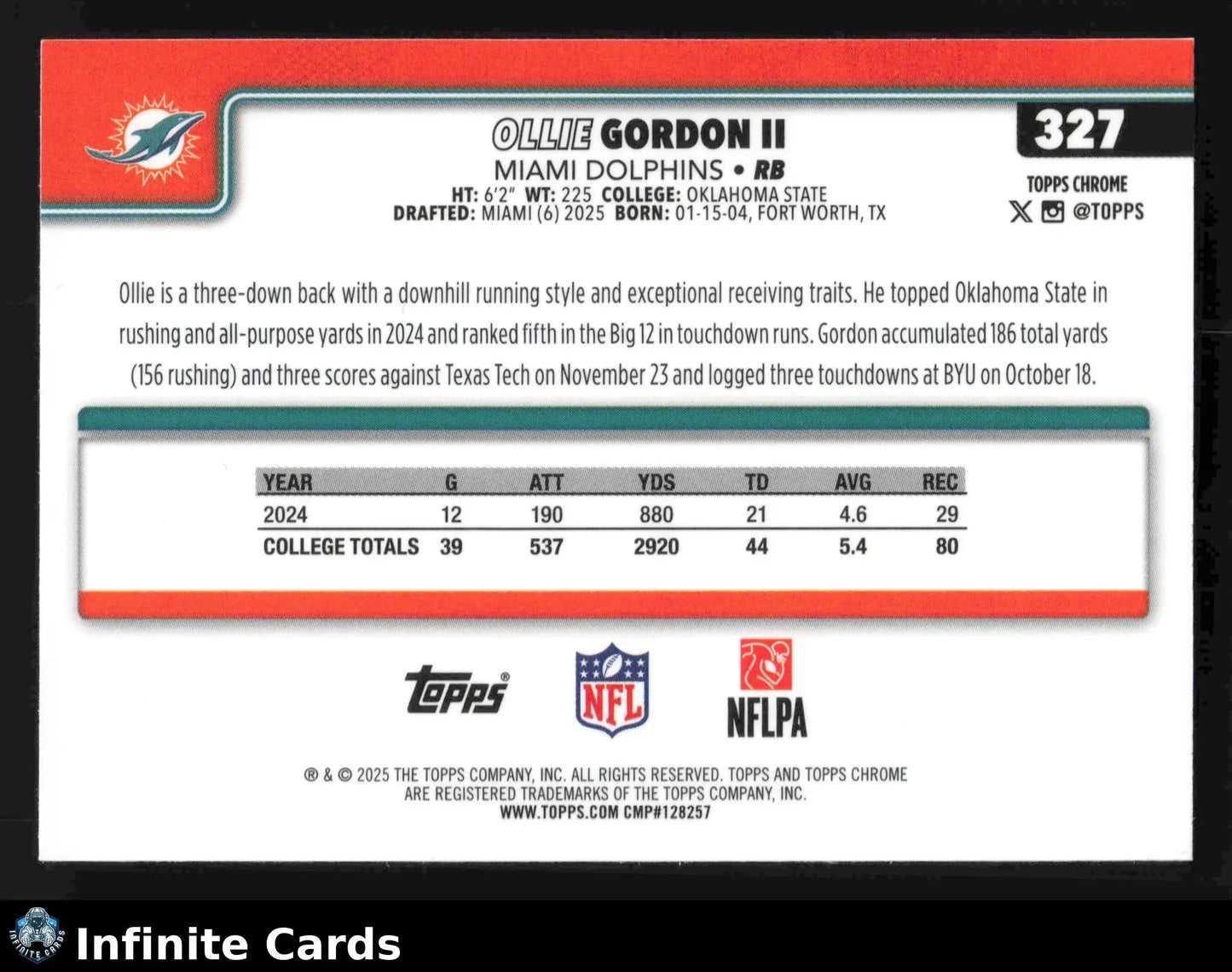 2025 Topps Chrome OLLIE GORDON II #327 X-Fractor Miami Dolphins RC - Football Card Single