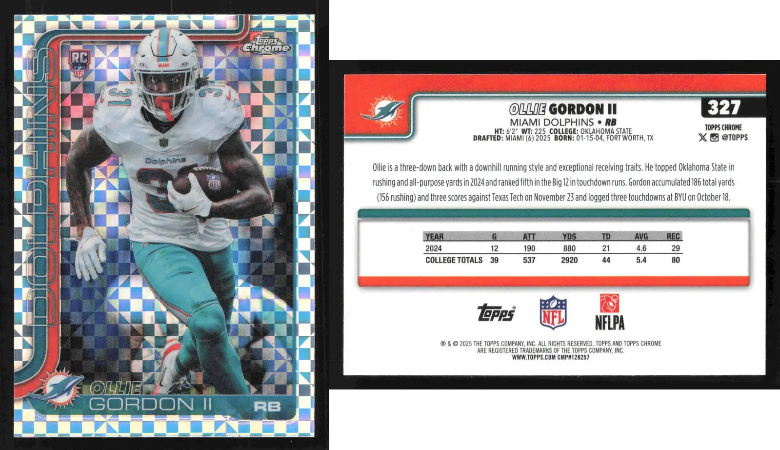 2025 Topps Chrome OLLIE GORDON II #327 X-Fractor Miami Dolphins RC - Football Card Single