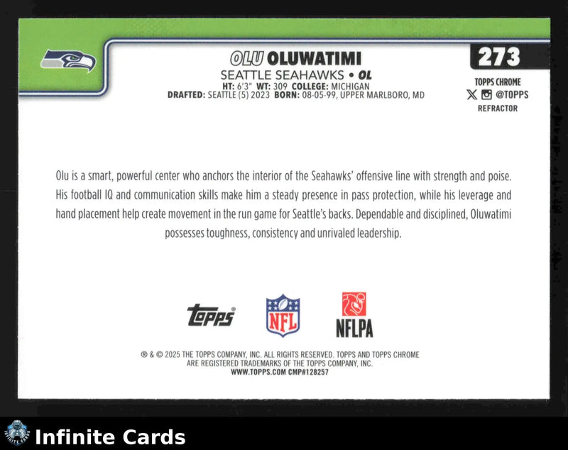 2025 Topps Chrome OLU OLUWATIMI #273 Refractor Seattle Seahawks - Football Card Single