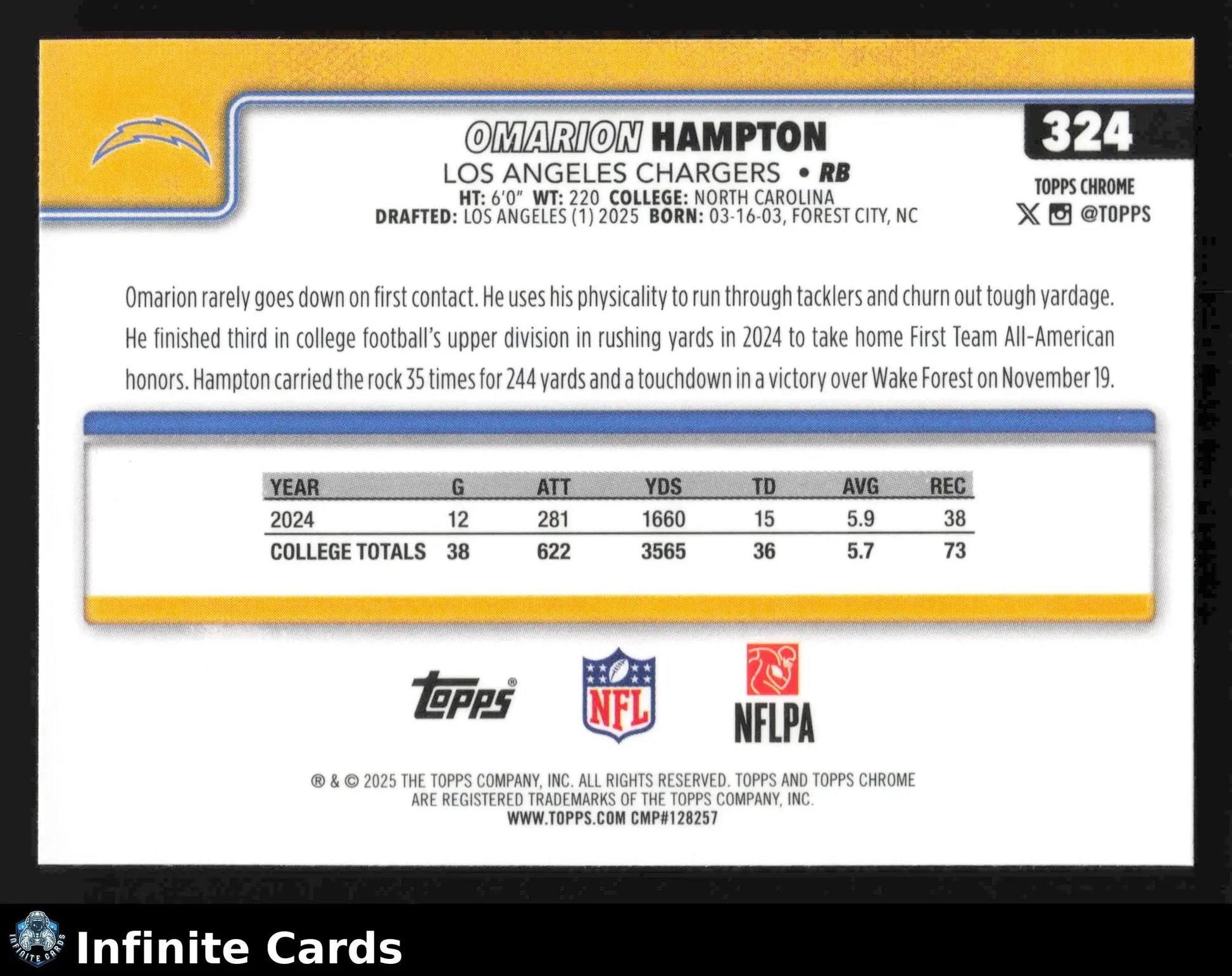2025 Topps Chrome OMARION HAMPTON #324 Chrome Los Angeles Chargers RC - Football Card Single
