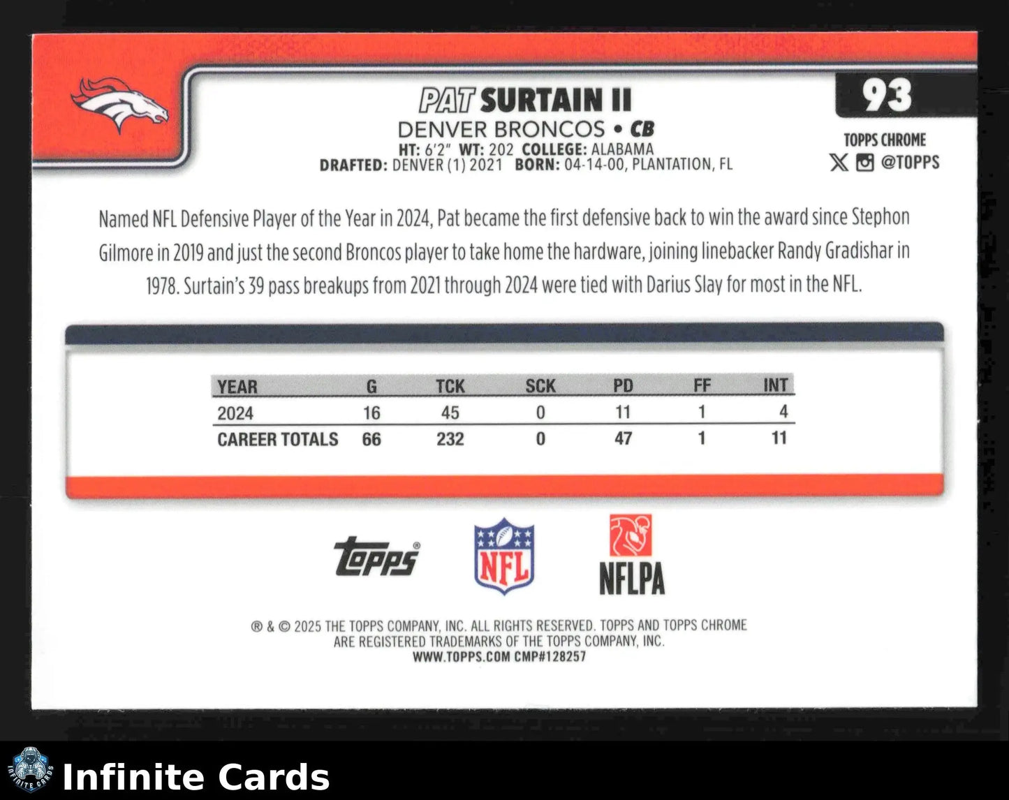 2025 Topps Chrome PAT SURTAIN II #93 X-Fractor Denver Broncos - Football Card Single