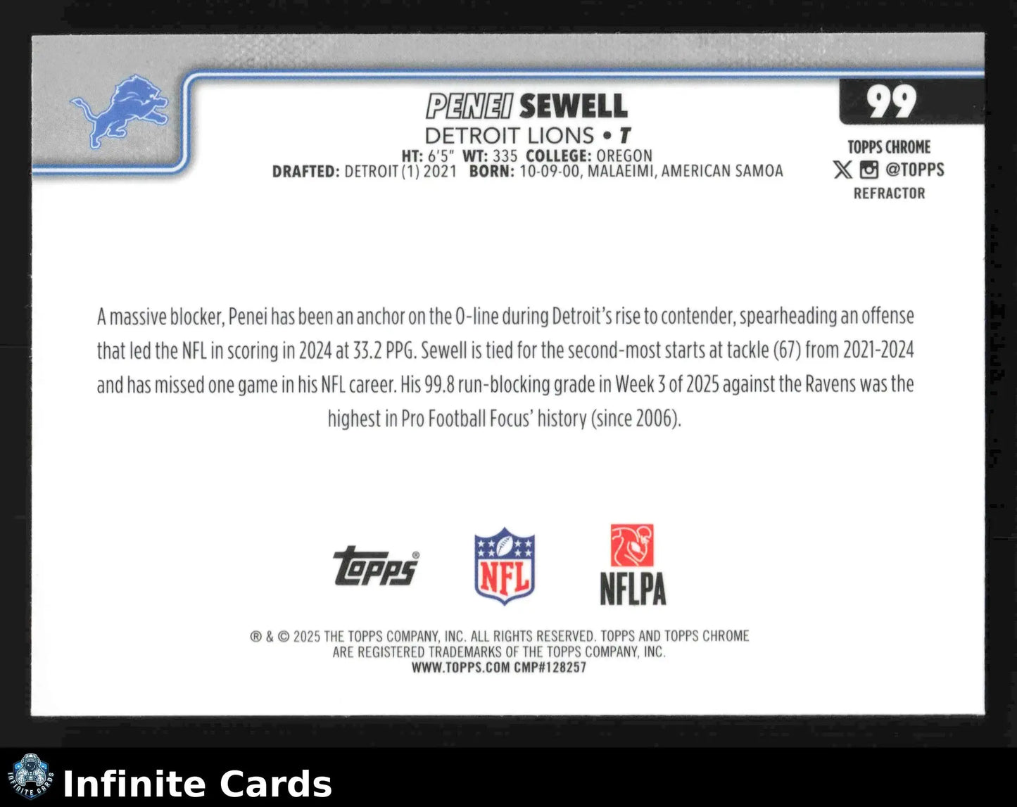 2025 Topps Chrome PENEI SEWELL #99 Refractor Detroit Lions - Football Card Single