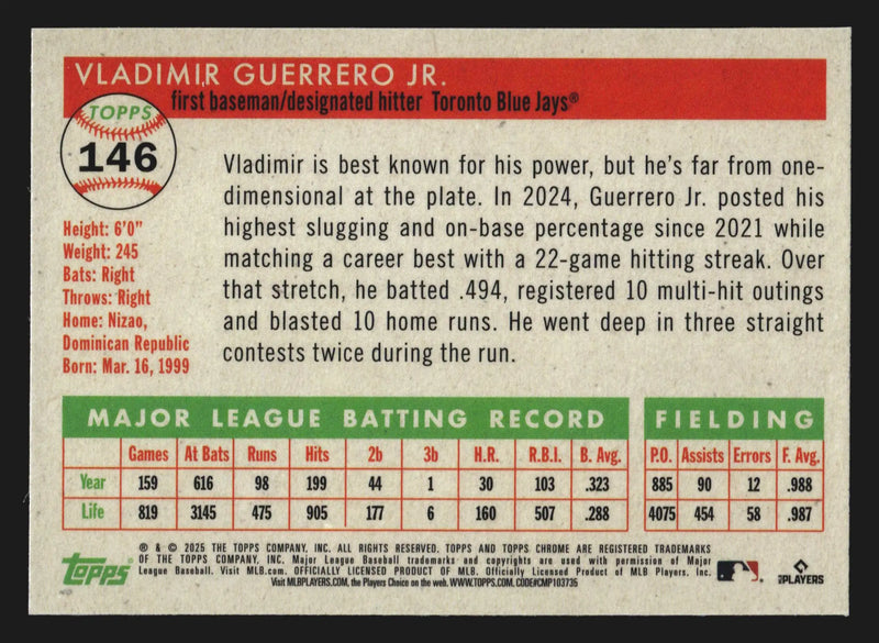 2025 Topps Chrome Platinum #146 Vladimir Guerrero Jr Blue Jays