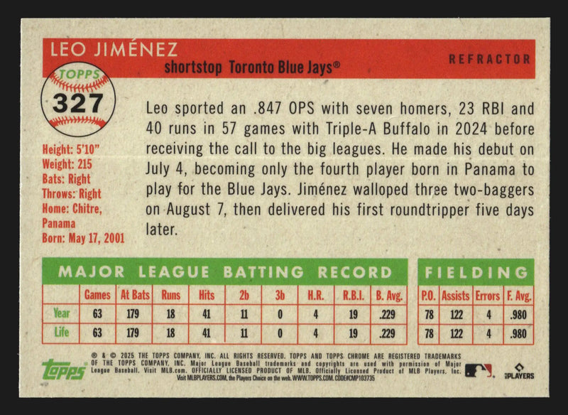 2025 Topps Chrome Platinum #327 Leo Jimenez Refractor Blue Jays RC