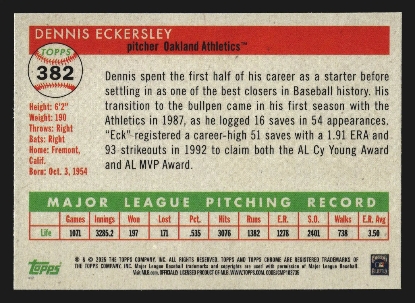 2025 Topps Chrome Platinum #382 Dennis Eckersley Athletics HOF - Baseball Card Single