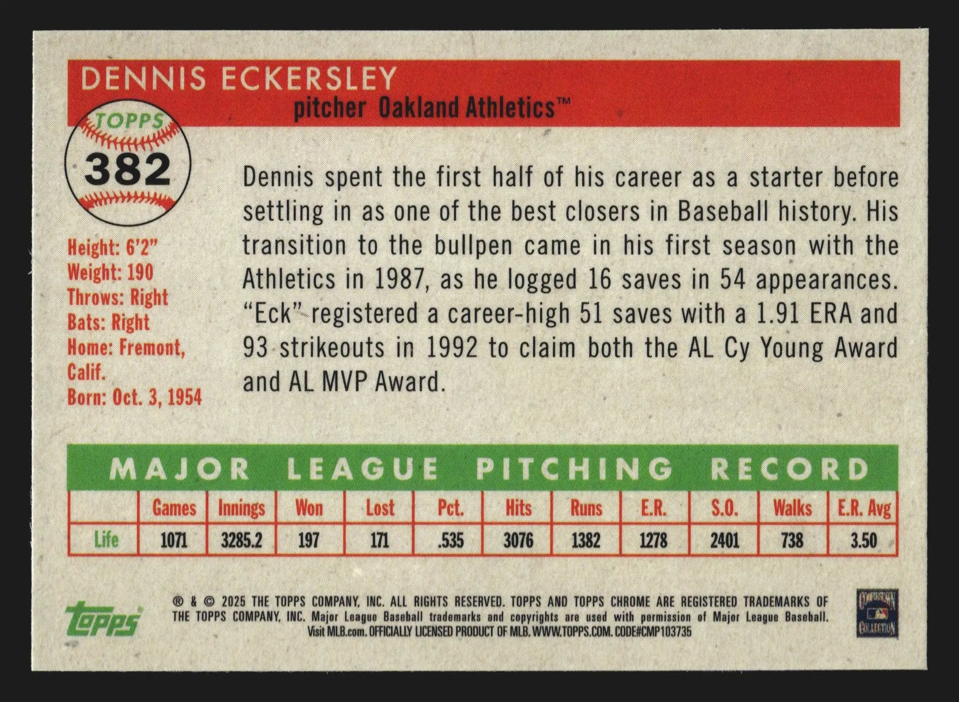 2025 Topps Chrome Platinum #382 Dennis Eckersley Athletics HOF - Baseball Card Single