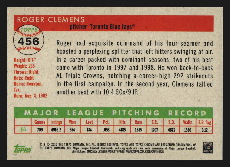 2025 Topps Chrome Platinum #456 Roger Clemens Gold Vibrations Refractor /50
