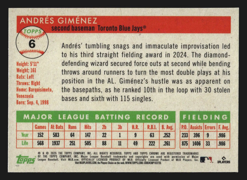 2025 Topps Chrome Platinum #6 Andres Gimenez Toronto Blue Jays