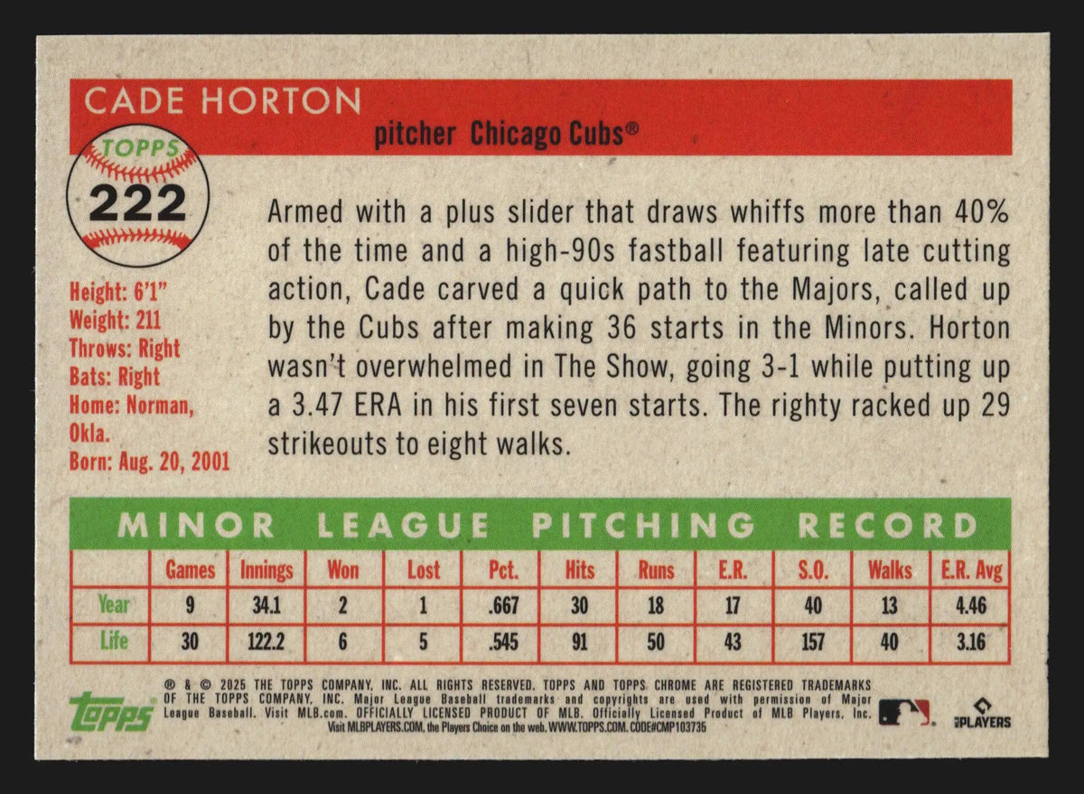 2025 Topps Chrome Platinum Anniversary Cade Horton #222 RC Chicago Cubs - Baseball Card Single