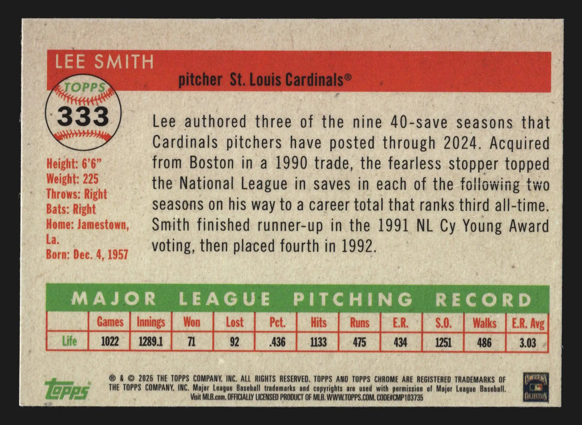 2025 Topps Chrome Platinum Anniversary Lee Smith #333 Cardinals HOF - Baseball Card Single