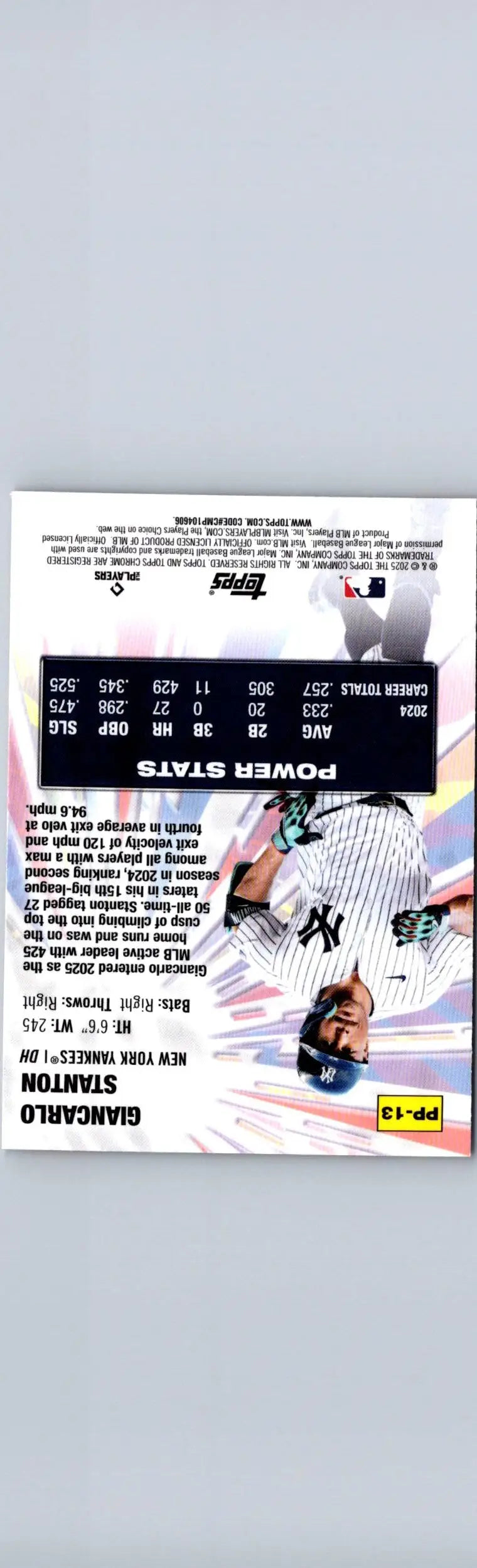 Topps baseball card featuring Giancarlo Stanton Power Players from 2025 Topps Chrome