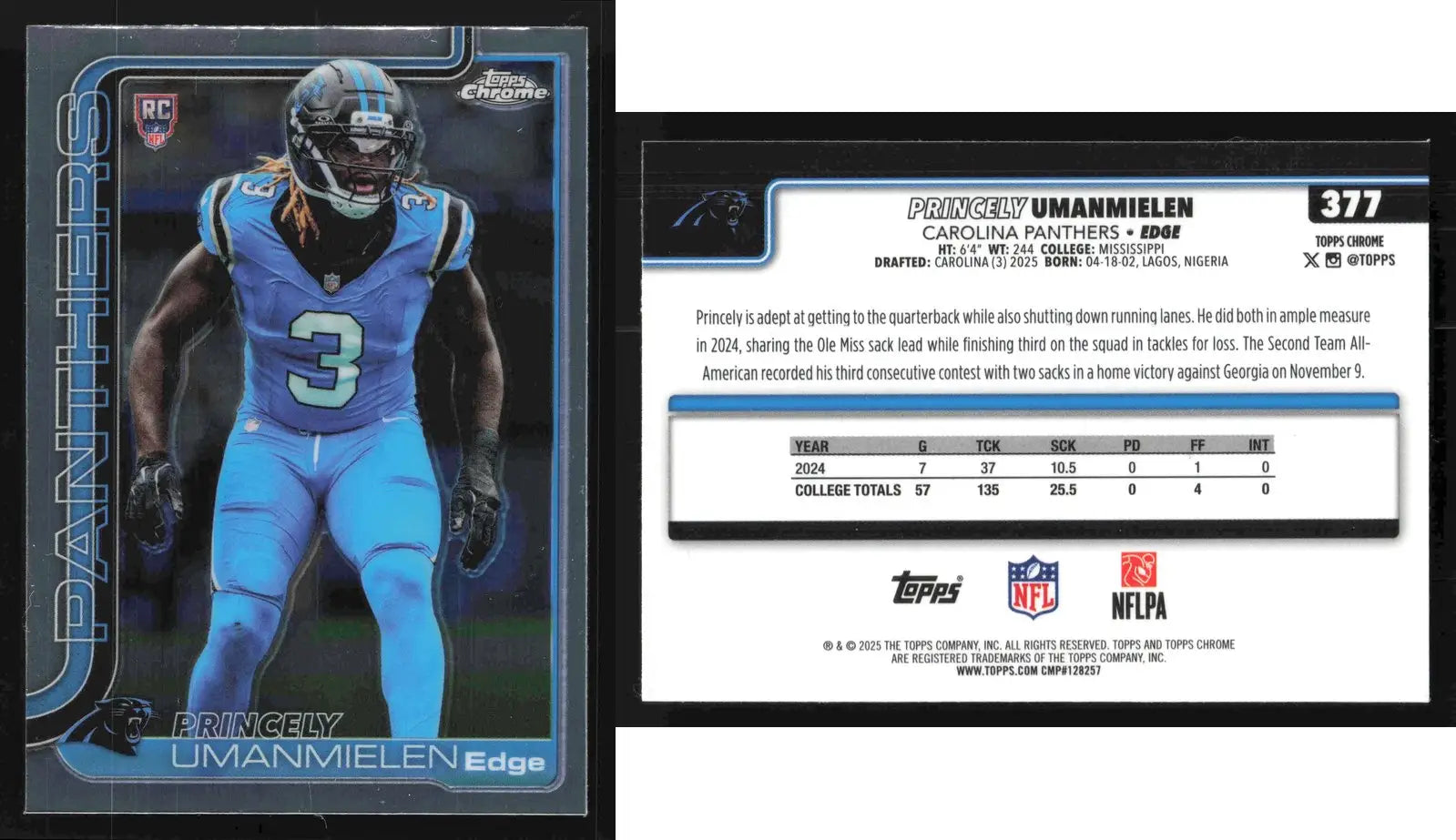 2025 Topps Chrome PRINCELY UMANMIELEN #377 Carolina Panthers RC - Football Card Single