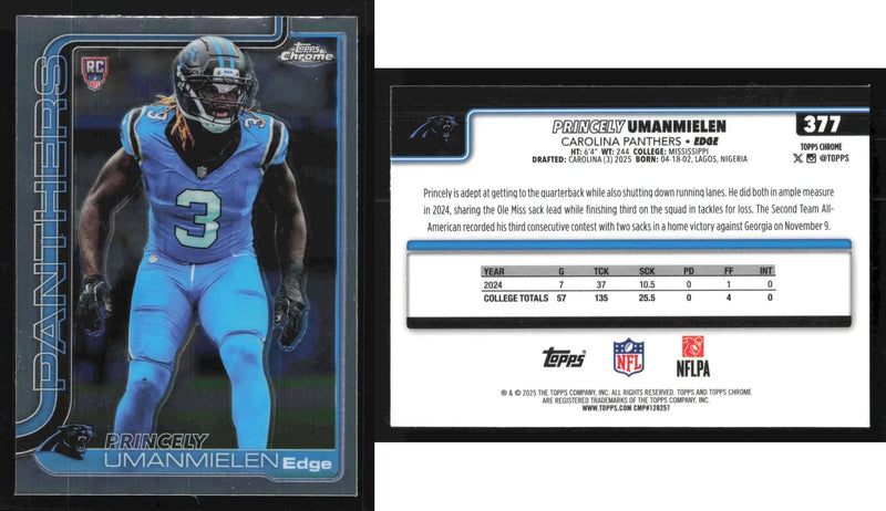 2025 Topps Chrome PRINCELY UMANMIELEN #377 Carolina Panthers RC - Football Card Single