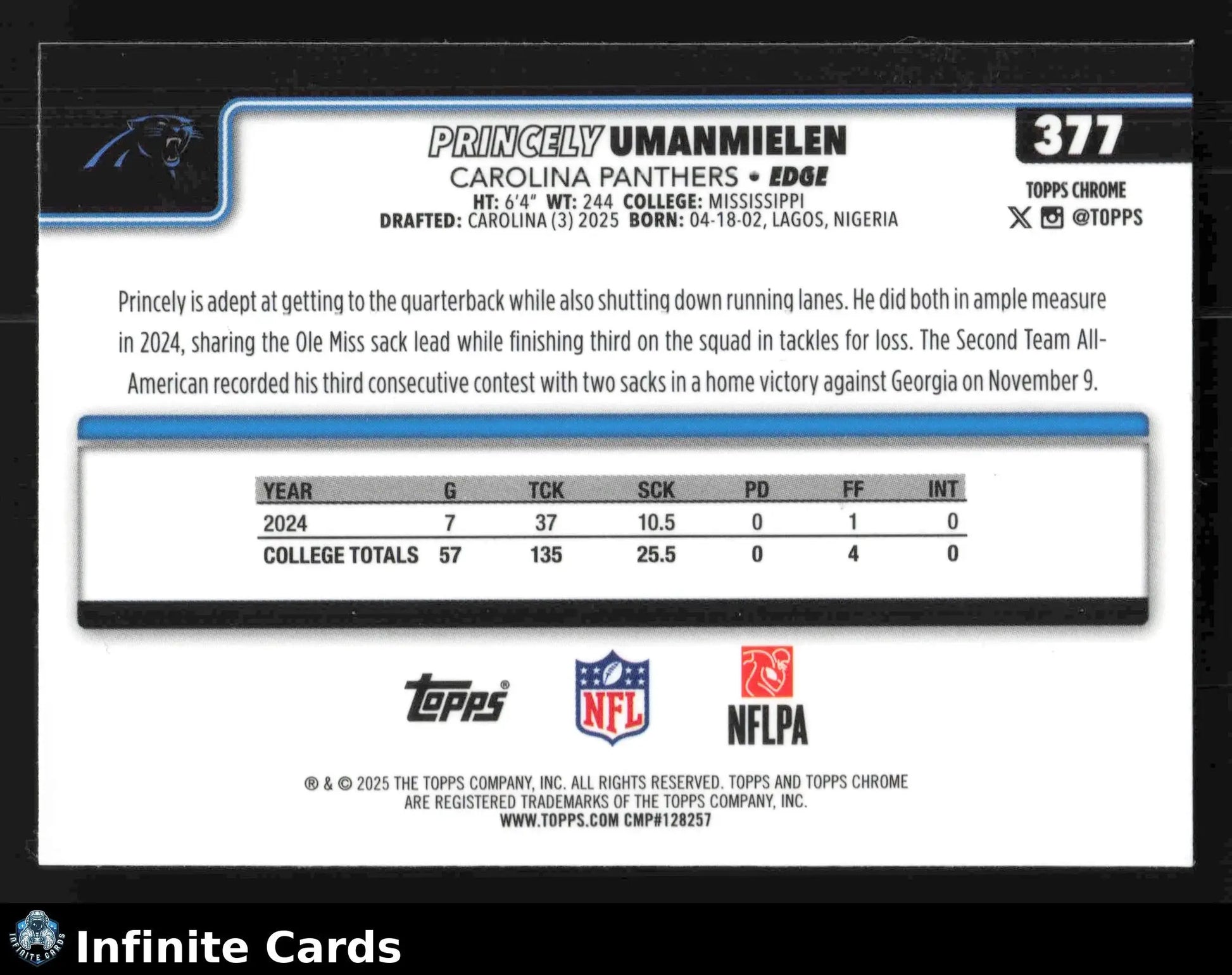 2025 Topps Chrome PRINCELY UMANMIELEN #377 Carolina Panthers RC - Football Card Single