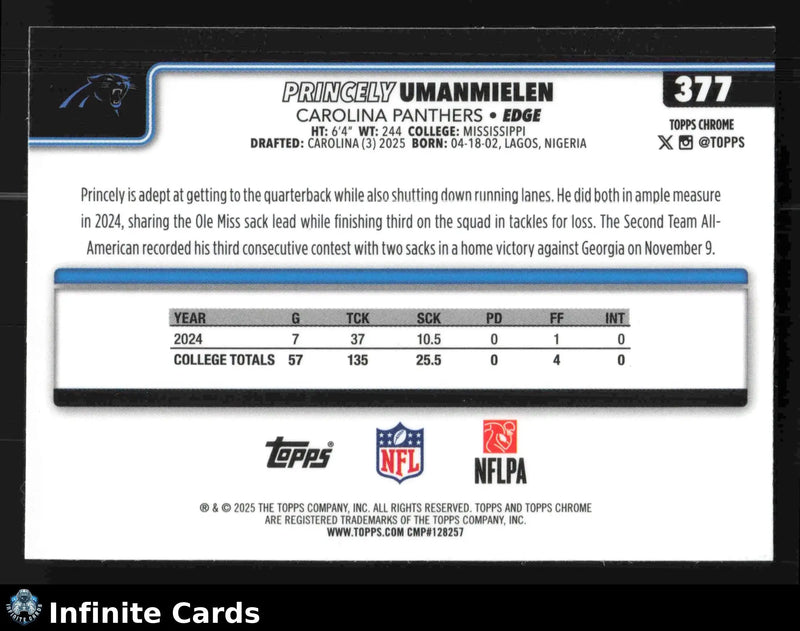 2025 Topps Chrome PRINCELY UMANMIELEN #377 X-Fractor Carolina Panthers RC - Football Card Single