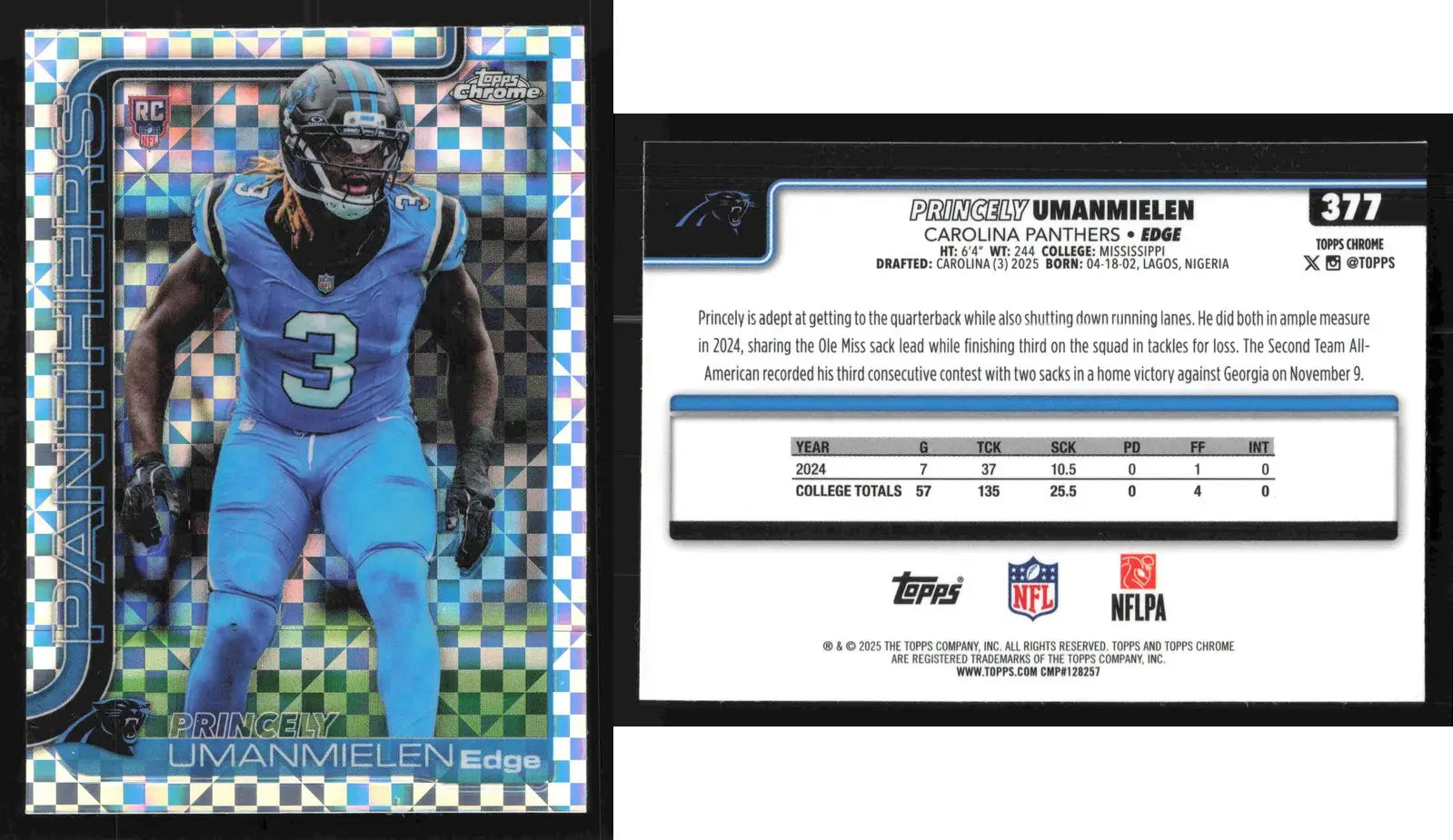 2025 Topps Chrome PRINCELY UMANMIELEN #377 X-Fractor Carolina Panthers RC - Football Card Single