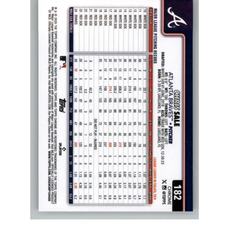 2025 topps Chrome Prism Refractor #182 Chris Sale NM-MT Atlanta Braves Baseball Card - Baseball Card Single