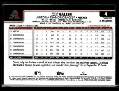2025 Topps Chrome - Prism Refractors Zac Gallen #4 Arizona Diamondbacks - Baseball Card Single