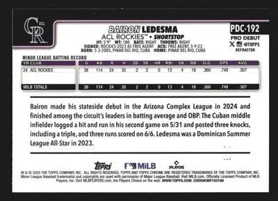 2025 Topps Chrome Pro Debut Bairon Ledesma #PDC-192 Refractor /199 Rockies - Baseball Card Single