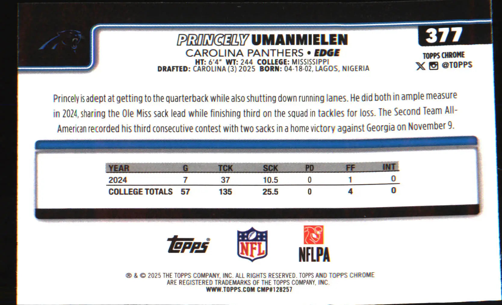 2025 Topps Chrome Pulsar Refractor #377 Princely Umanmielen Rookie Rookie