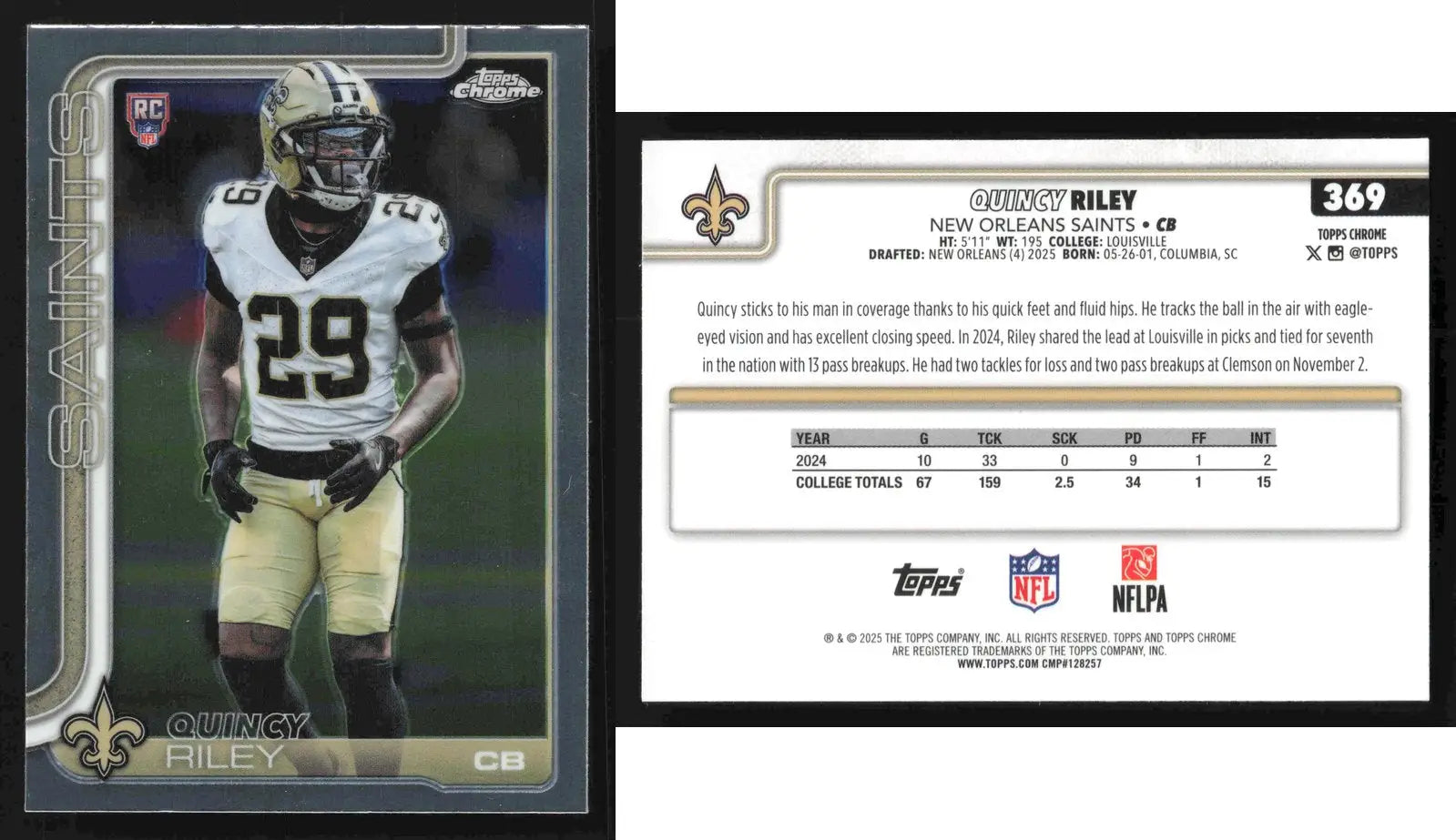2025 Topps Chrome QUINCY RILEY #369 Chrome New Orleans Saints RC - Football Card Single