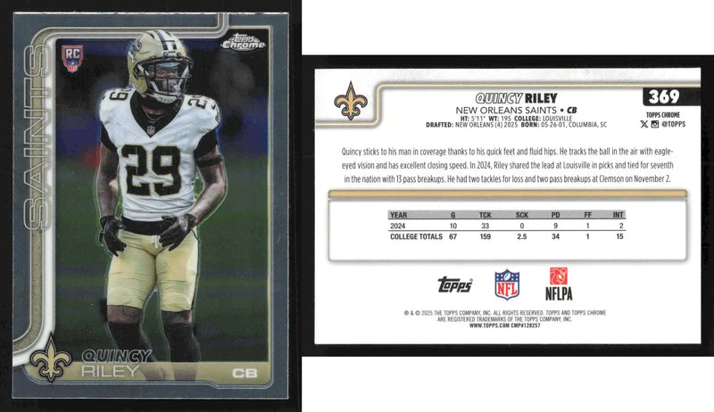 2025 Topps Chrome QUINCY RILEY #369 Chrome New Orleans Saints RC - Football Card Single