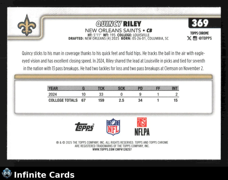 2025 Topps Chrome QUINCY RILEY #369 New Orleans Saints RC - Football Card Single