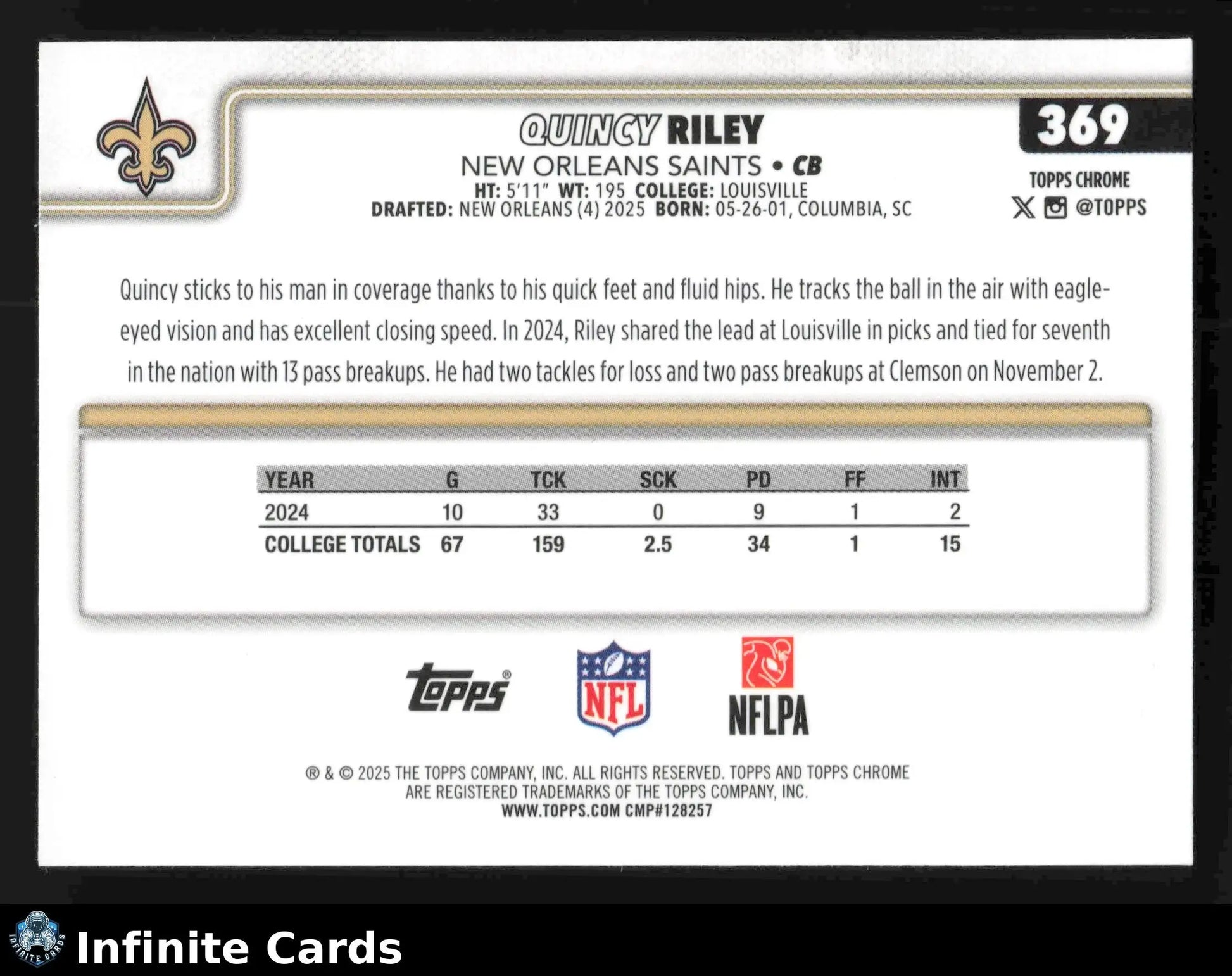 2025 Topps Chrome QUINCY RILEY #369 Chrome New Orleans Saints RC - Football Card Single