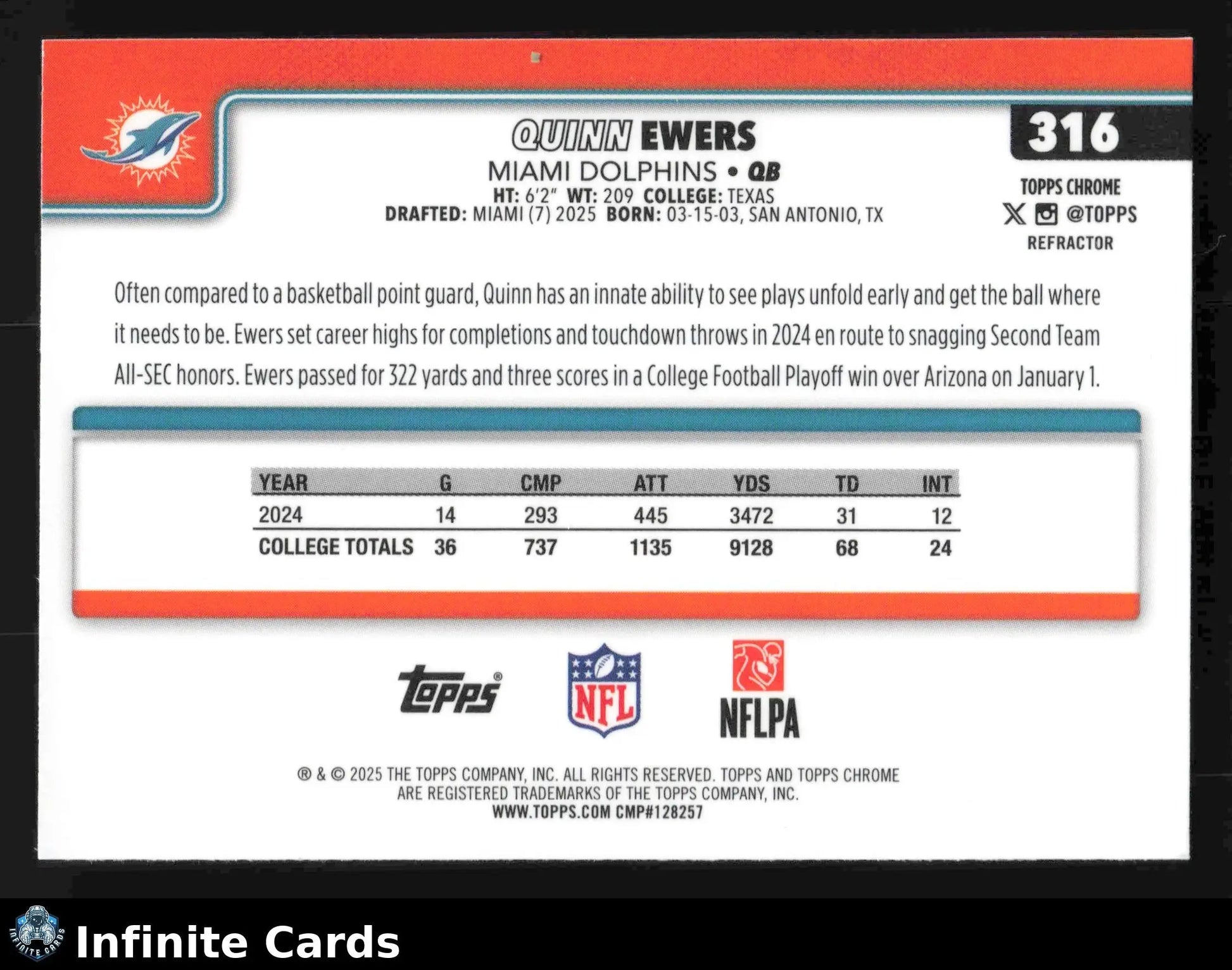 2025 Topps Chrome QUINN EWERS #316 Refractor Miami Dolphins RC - Football Card Single