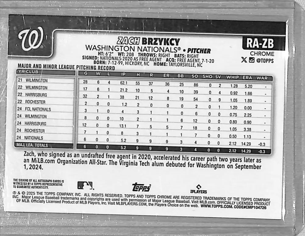2025 Topps Chrome #RA-ZB Zach Brzykcy NM-MT Auto Washington Nationals - Baseball Card Single