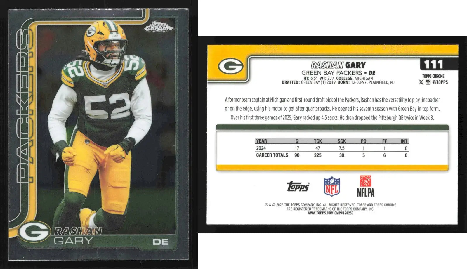 2025 Topps Chrome RASHAN GARY #111 Green Bay Packers - Football Card Single