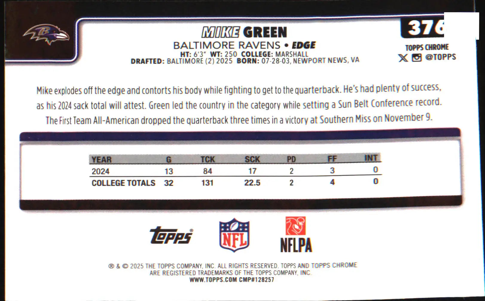 2025 Topps Chrome Ray Wave Refractor #376 Mike Green Rookie Rookie