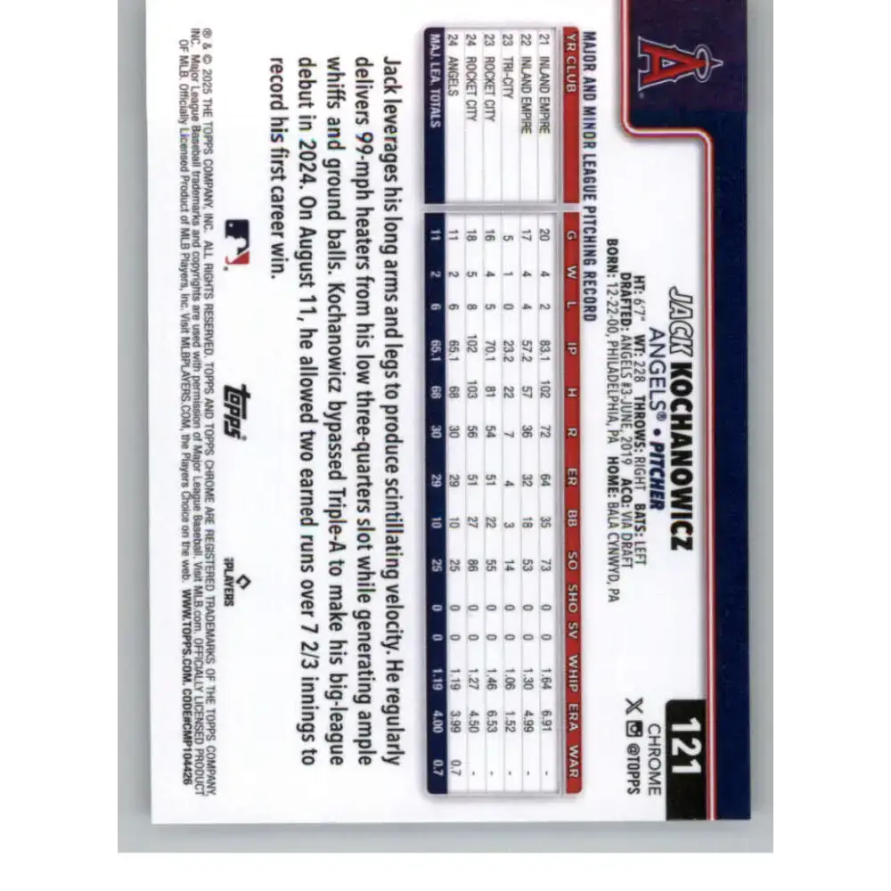 2025 topps Chrome RayWave Refractor #121 Jack Kochanowicz NM-MT RC Rookie Los Angeles Angels Baseball Card - Baseball