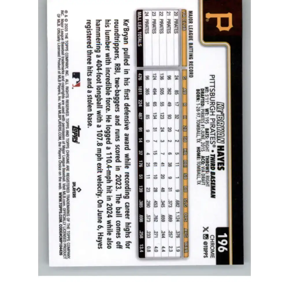 2025 topps Chrome RayWave Refractor #196 Ke’Bryan Hayes NM-MT Pittsburgh Pirates Baseball Card - Baseball Card Single